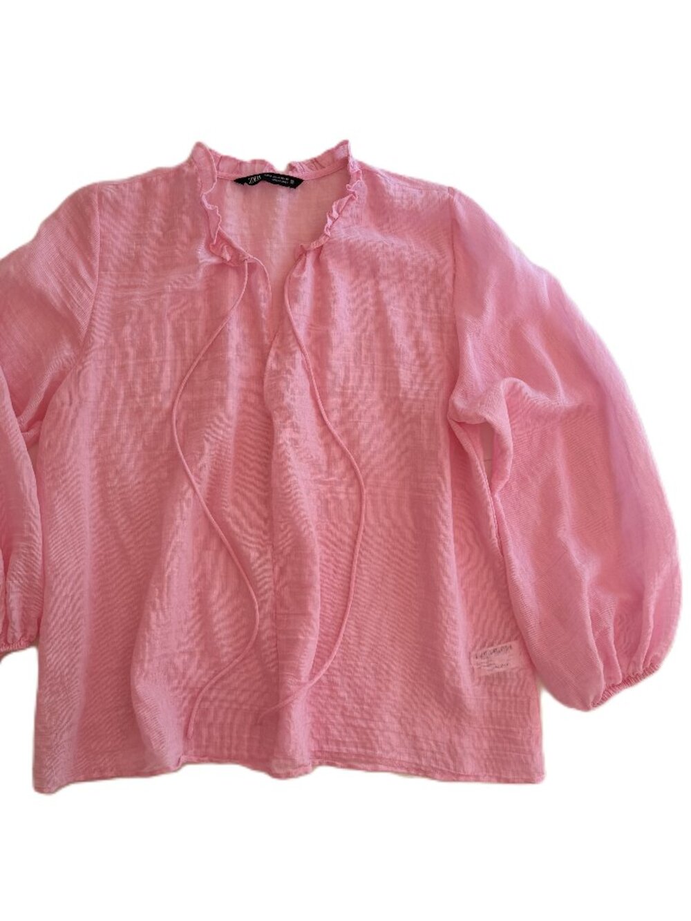 Zara Pink Gauze Blouse M Puff Sleeve Tie Neck Lightweight Boho Cottagecore Top